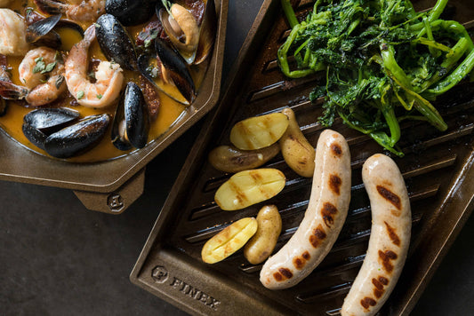 GRILL PAN BRATWURST WITH RAPINI, FINGERLING POTATOES AND GRAIN MUSTARD SAUCE