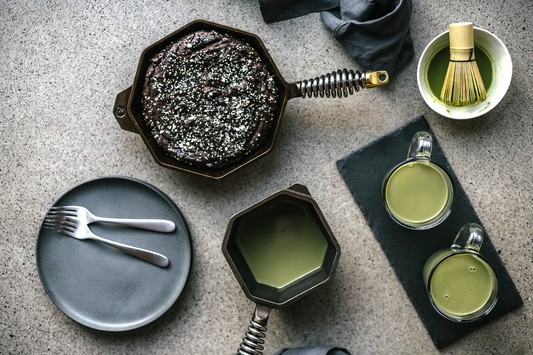 SESAME CHOCOLATE SKILLET CAKE & SMOKEY VANILLA MATCHA LATTE