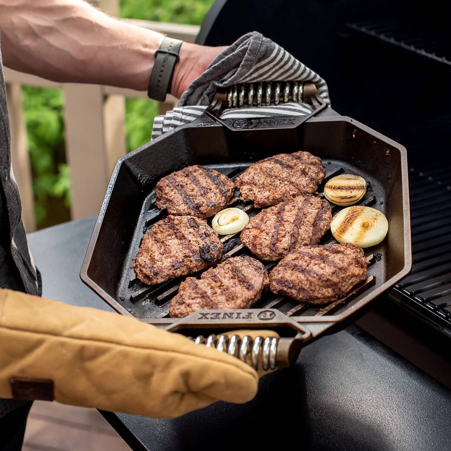 cooked burgers on finex grill pan