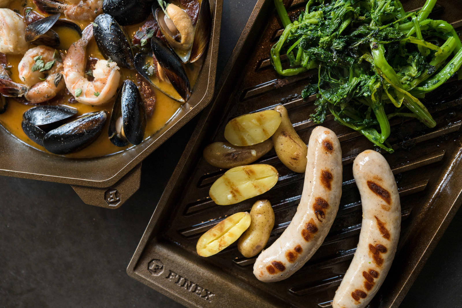 GRILL PAN BRATWURST WITH RAPINI, FINGERLING POTATOES AND GRAIN MUSTARD SAUCE