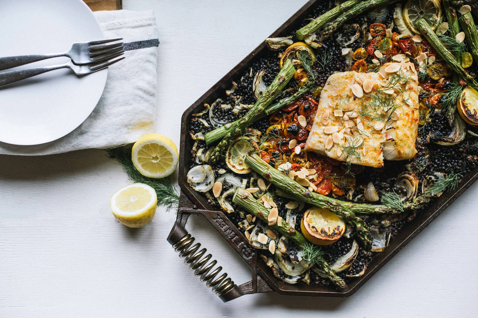 PEPPER JELLY HALIBUT WITH CRISPY BELUGA LENTILS, ASPARAGUS AND TOMATOES