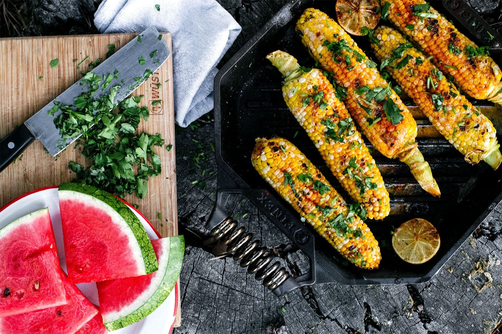 Corn on the cob in a finex griddle and watermelon
